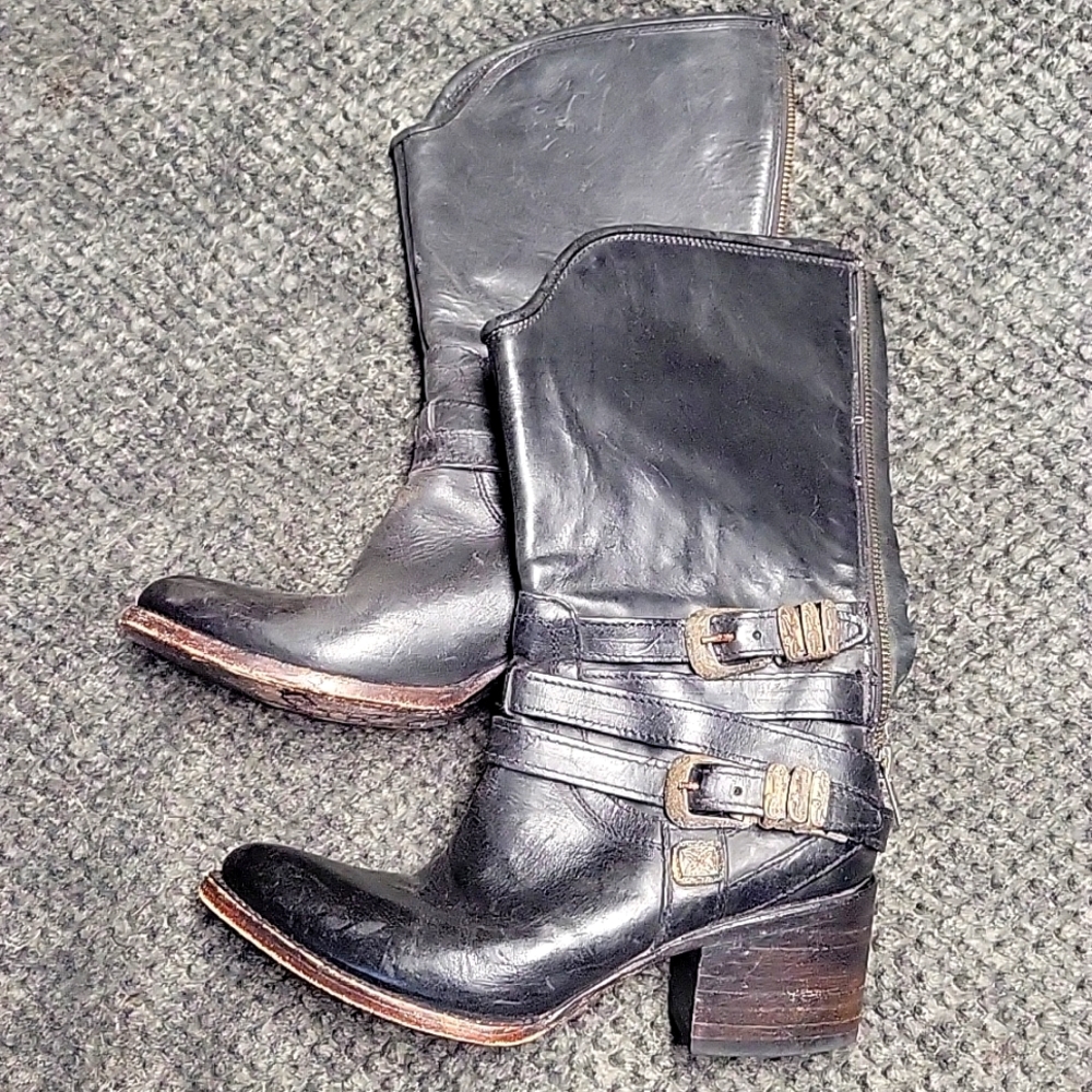 Free Bird by Steven black leather western boot distressed buckles vintage 7